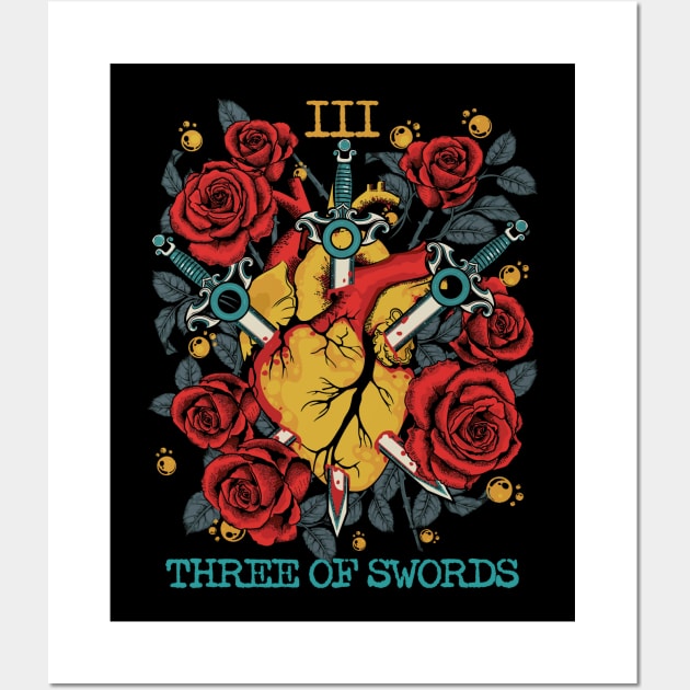 Tarot Card Three of Swords Heartbreak Vintage Wall Art by PunnyPoyoShop